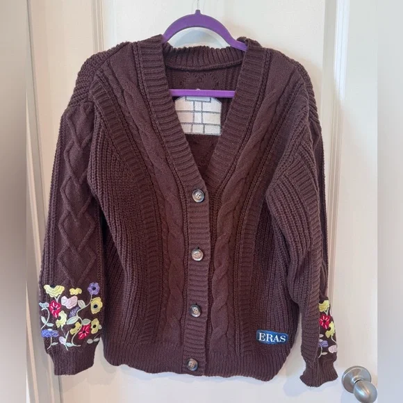 Taylor Swift Eras Tour Brown Cable Knit Cardigan with Floral Sleeve Embroidery - Picture 1 of 5